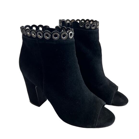 Fergie Women 6. 5 Bootie Jackie Ankle Moto Black Suede Peep toe Metal Accent Zip - Picture 2 of 10